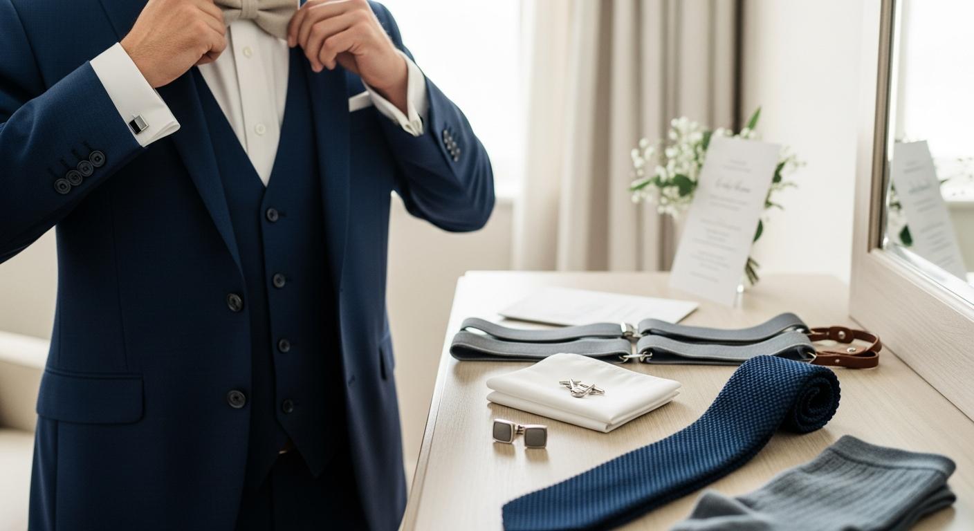 Marié en costume bleu marine ajustant un nœud papillon en lin, accessoires de costume posés sur une commode Immagine