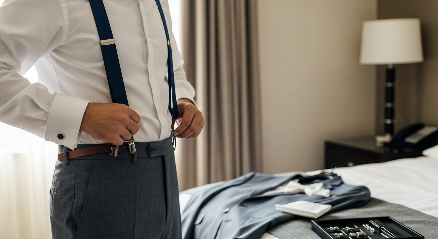 Homme en chemise blanche ajustant des bretelles bleu marine avec attaches en cuir, dans une chambre lumineuse avant un mariage Immagine