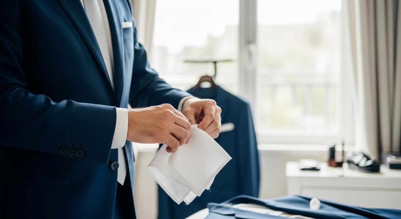 Mains d’un homme en costume bleu marine pliant une pochette blanche en lin avant une cérémonie Immagine