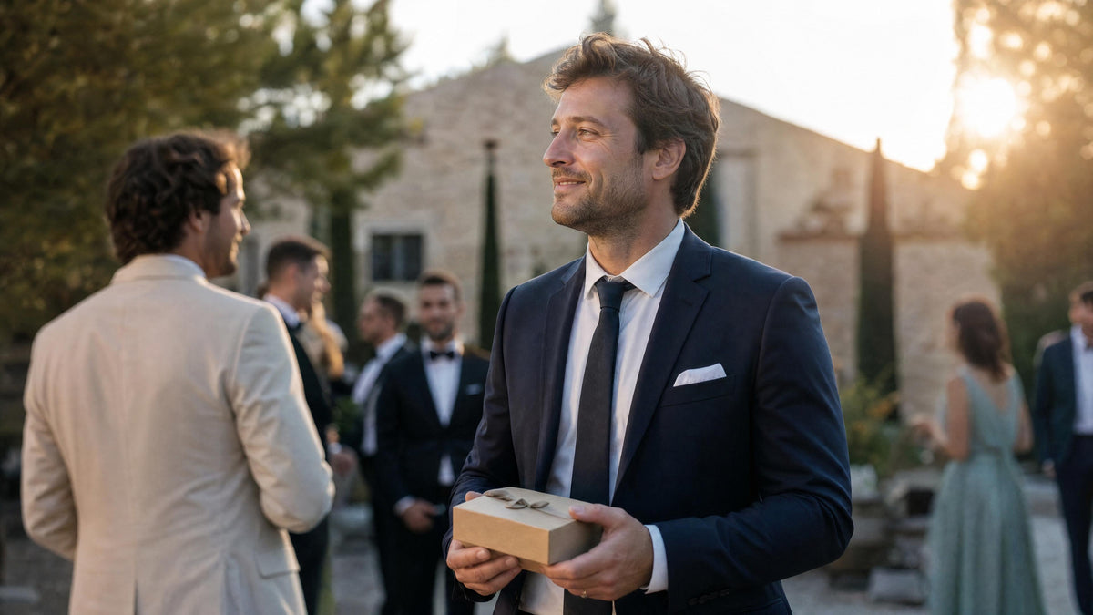 Témoin de mariage recevant un accessoire homme en cadeau, dans une ambiance de cérémonie élégante. Immagine