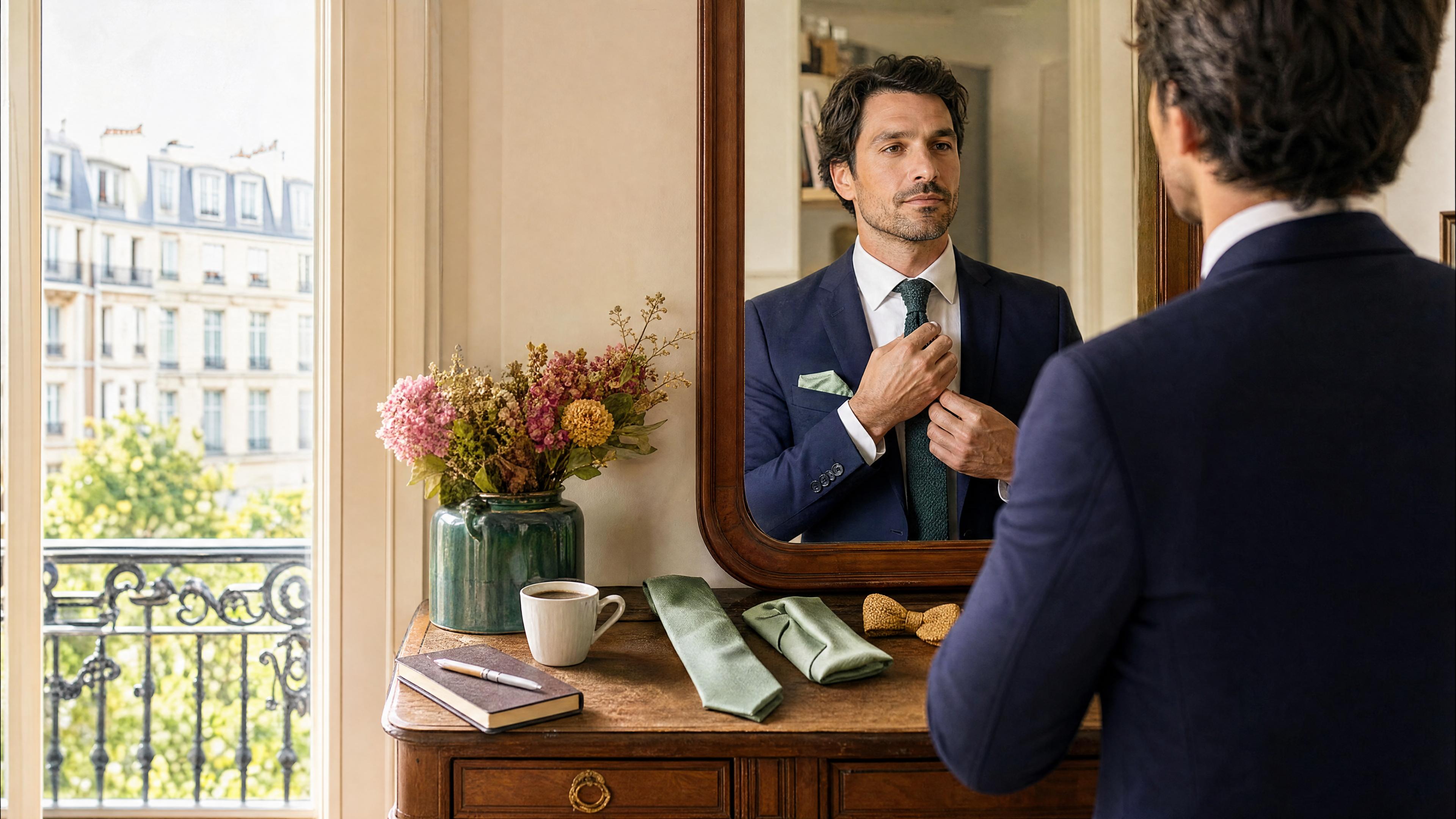 Homme en blazer bleu marine ajustant sa cravate, avec une pochette de costume et des accessoires vert sauge posés sur une commode, ambiance rentrée au bureau. Immagine