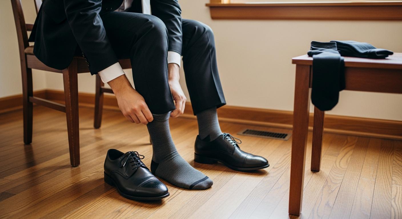 Homme en costume noir ajustant une chaussette habillée gris anthracite, chaussures en cuir noir, lumière naturelle et décor intérieur sobre Immagine