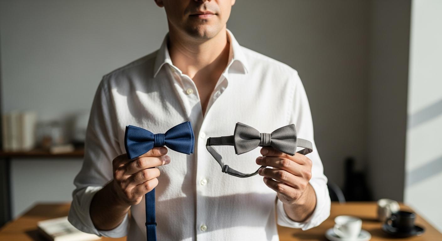 Homme en chemise blanche comparant un nœud papillon à nouer et un modèle ajustable dans un intérieur lumineux Immagine