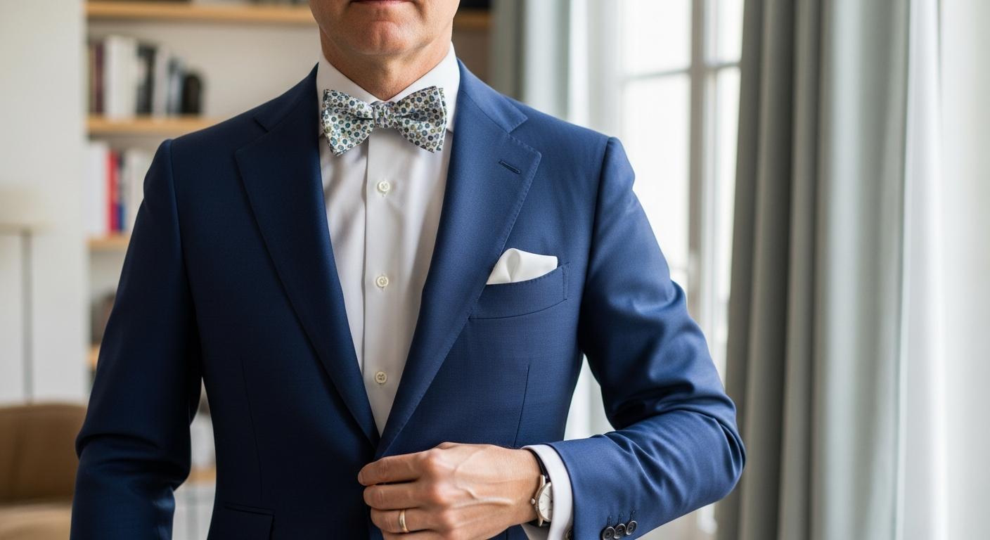 Homme en costume bleu marine portant un nœud papillon liberty avec chemise blanche, photographié en lumière naturelle dans un intérieur élégant Immagine