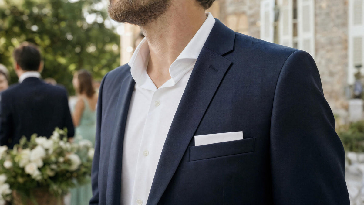 Homme en costume avec pochette de costume pour mariage, style élégant et formel. Immagine