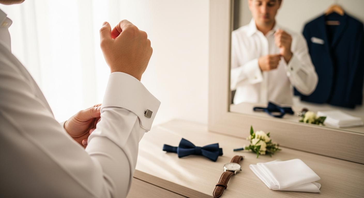 Homme en chemise blanche ajustant des boutons de manchette avant un mariage, accessoires posés sur une commode Immagine