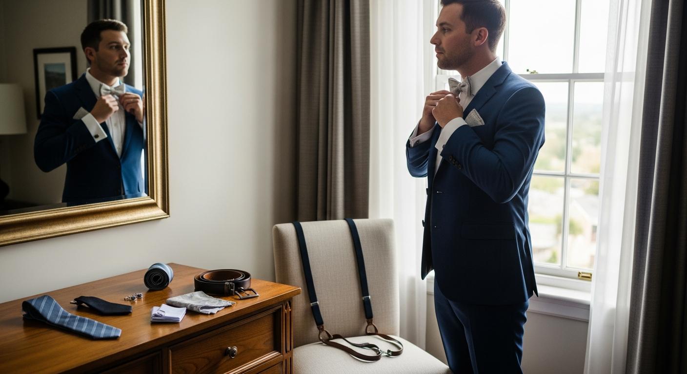 Témoin ajustant son nœud papillon devant un miroir, costume bleu marine et accessoires assortis, dans une chambre d’hôtel avant un mariage Immagine