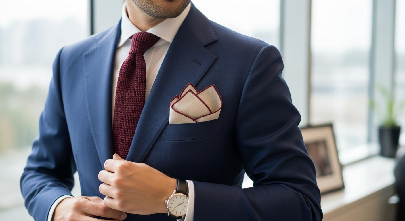 Homme en costume bleu marine avec chemise blanche et cravate bordeaux, portant une pochette en lin écru à liseré bordeaux dans la poche poitrine, lumière naturelle en bureau Immagine