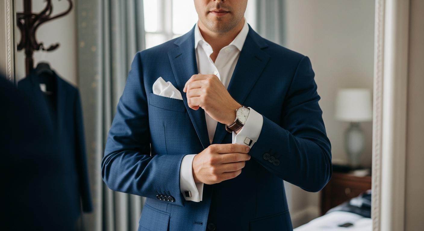 Homme en costume bleu marine ajustant des boutons de manchette argentés sur une chemise blanche, devant un miroir en lumière naturelle Immagine