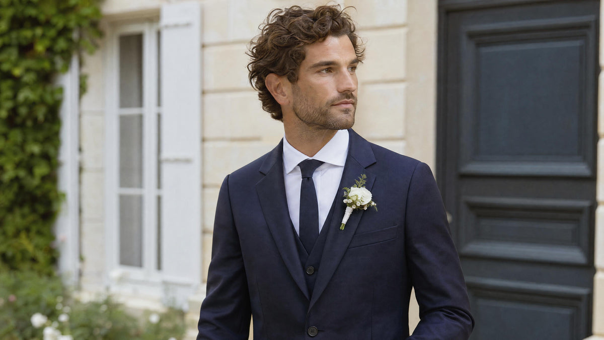 Homme en costume portant une boutonnière sur le revers gauche de sa veste Immagine