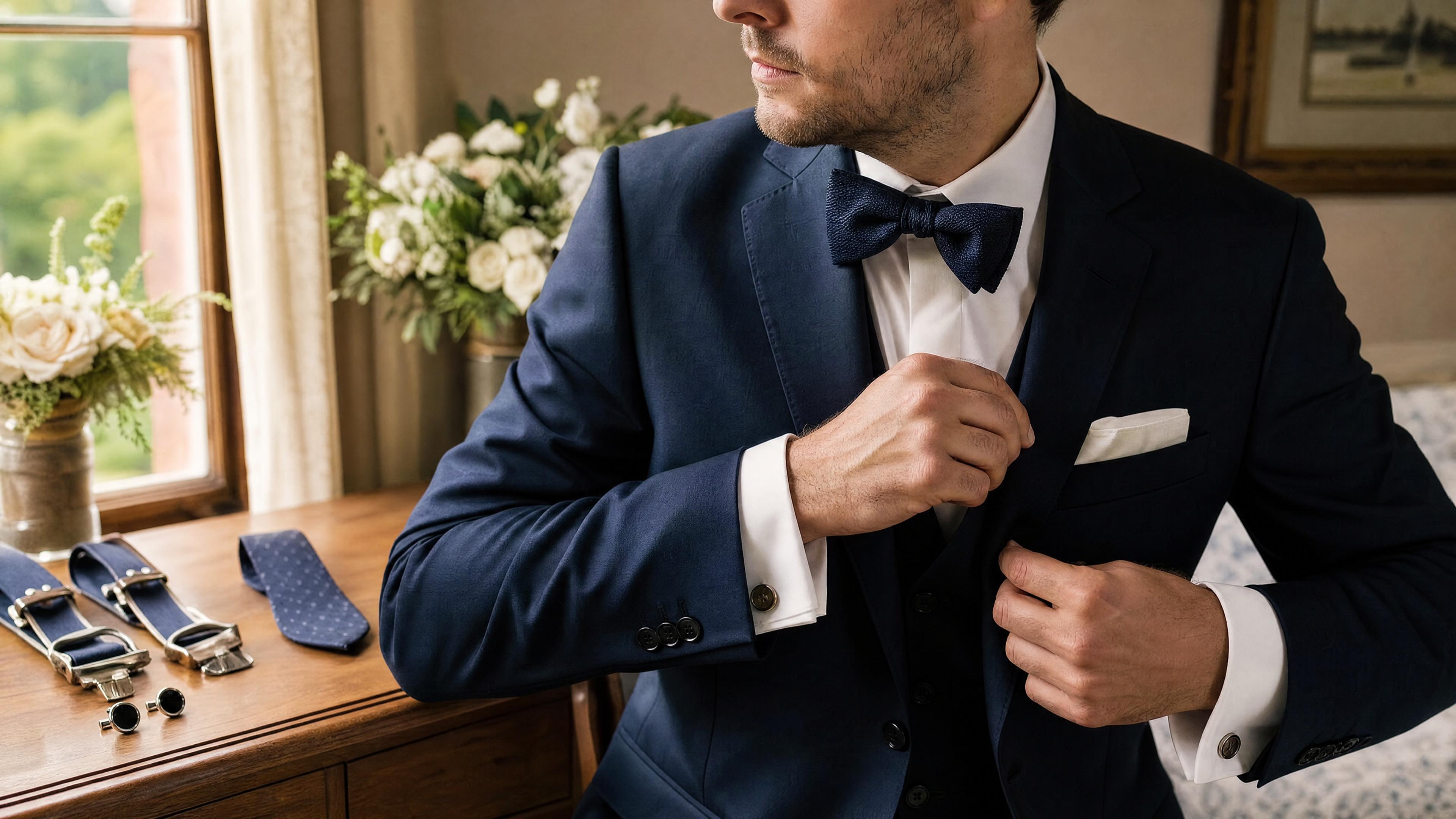 Homme en costume ajustant son nœud papillon et sa pochette lors des préparatifs d’un mariage Immagine