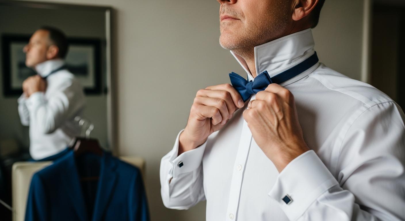 Homme ajustant un nœud papillon devant un miroir, en chemise blanche, pour illustrer le choix selon la morphologie Immagine