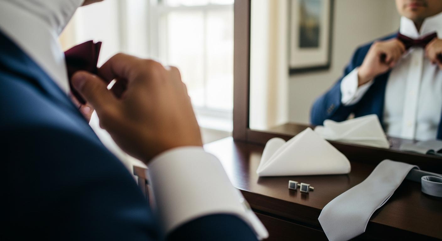Homme en costume bleu marine ajustant un nœud papillon bordeaux devant un miroir, avec accessoires de mariage posés sur une commode Immagine