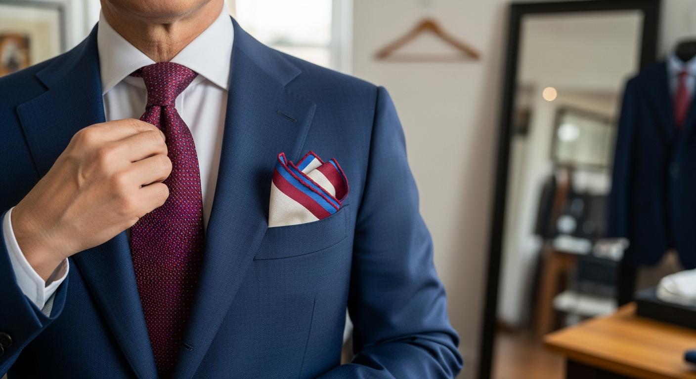 Homme en costume bleu marine avec cravate bordeaux et pochette en lin ivoire assortie, photographié en lumière naturelle près d’une fenêtre Immagine
