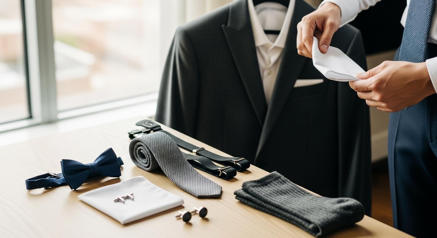 Accessoires de costume posés sur une table en bois, avec un homme qui compare nœud papillon, cravate et pochette près d’une fenêtre Immagine