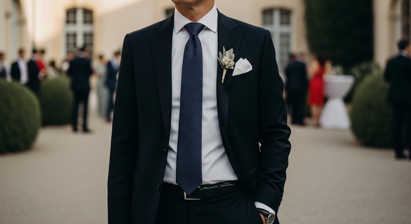 Homme en costume noir avec chemise blanche et cravate élégante lors d’un mariage, cadrage mi-corps en lumière douce Immagine