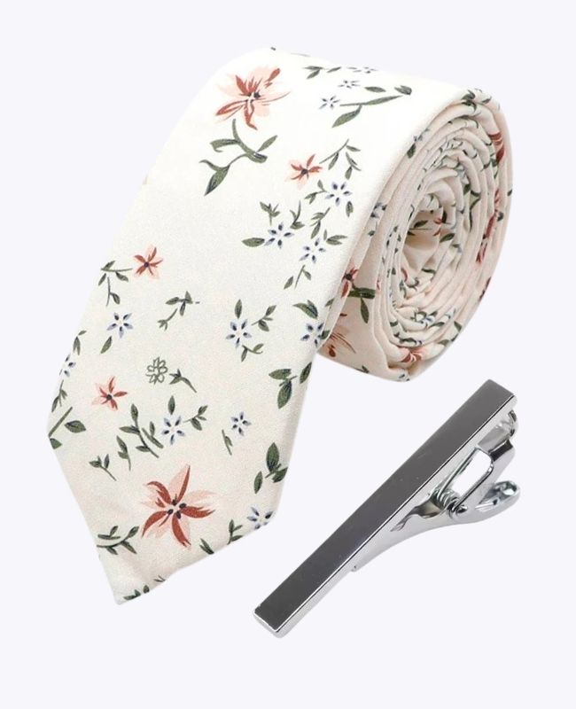 Cravatta + Fermacravatta Liberty Bianco n°8 Uomo in Cotone «Charles»
