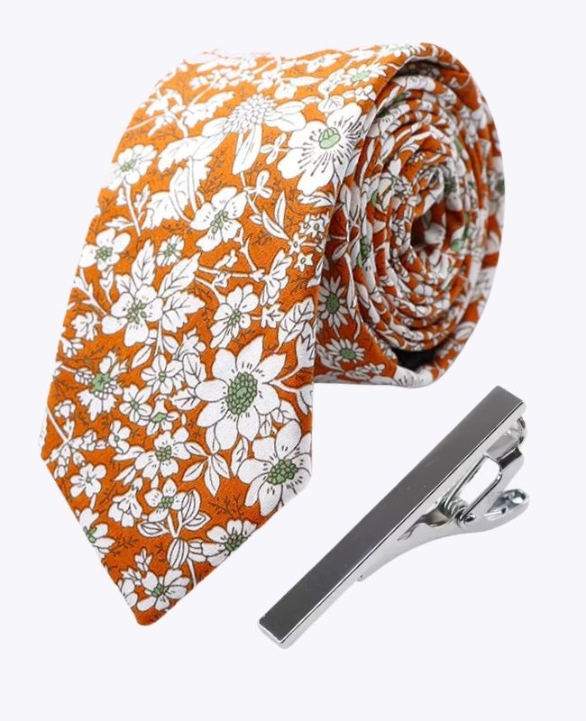 Cravatta + Fermacravatta Liberty Arancione Uomo in Cotone «Clovis»