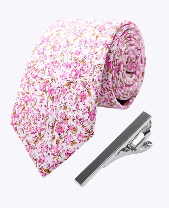Cravatta + Fermacravatta Liberty Rosa n°4 Uomo in Cotone «Gaspard»