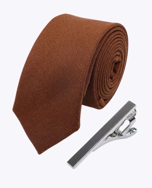 Cravatta + Fermacravatta Marrone n°1 Uomo in Lino «Basile»