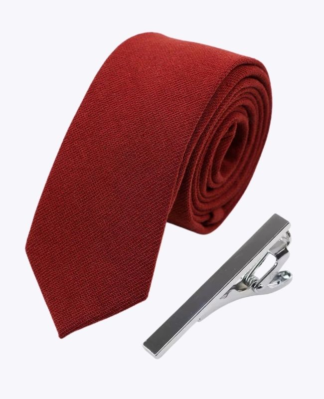 Cravatta + Fermacravatta Terracotta Uomo in Cotone «Edgard»