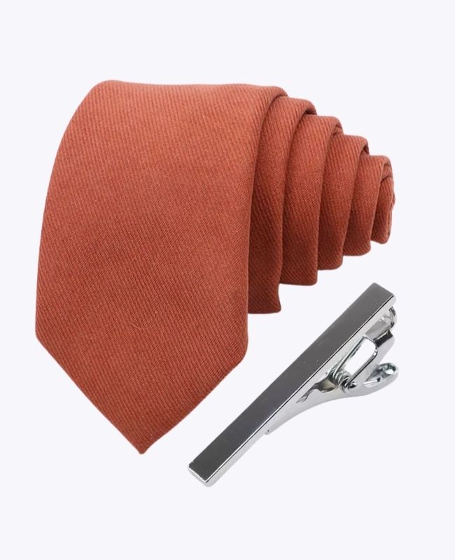 Cravatta + Fermacravatta Terracotta n°3 Uomo in Effetto Velluto «Simon»