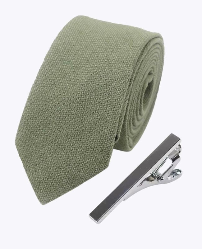 Cravatta + Fermacravatta Verde n°2 Uomo in Cotone «Edgard»
