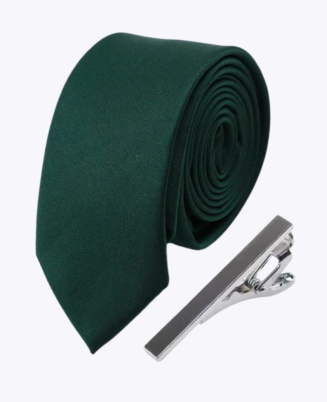 Cravatta + Fermacravatta Verde n°4 Uomo in Poliestere «Anatole»