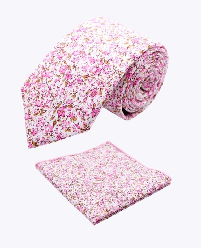Cravatta + Fazzoletto da taschino Liberty Rosa n°4 Uomo in Cotone «Gaspard»