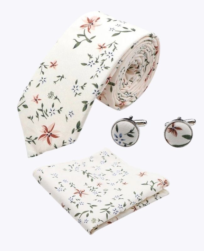 Cravatta + Fazzoletto da taschino + Gemelli Liberty Bianco n°8 Uomo in Cotone «Charles»