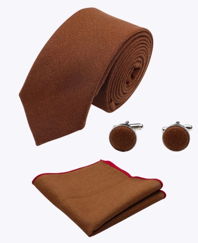 Cravatta + Fazzoletto da taschino + Gemelli Marrone n°1 Uomo in Lino «Basile»