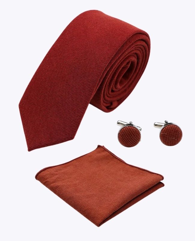 Cravatta + Fazzoletto da taschino + Gemelli Terracotta Uomo in Cotone «Edgard»