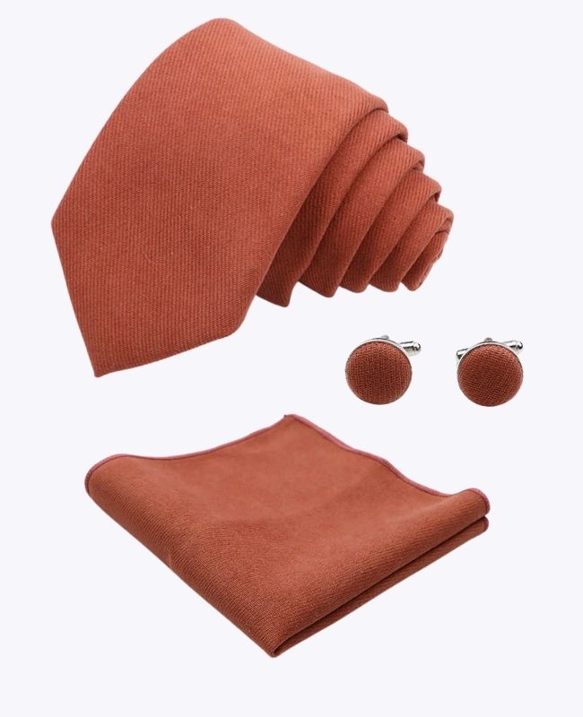 Cravatta + Fazzoletto da taschino + Gemelli Terracotta n°3 Uomo in Effetto Velluto «Simon»