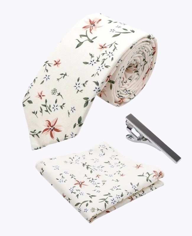 Cravatta + Fazzoletto da taschino + Fermacravatta Liberty Bianco n°8 Uomo in Cotone «Charles»