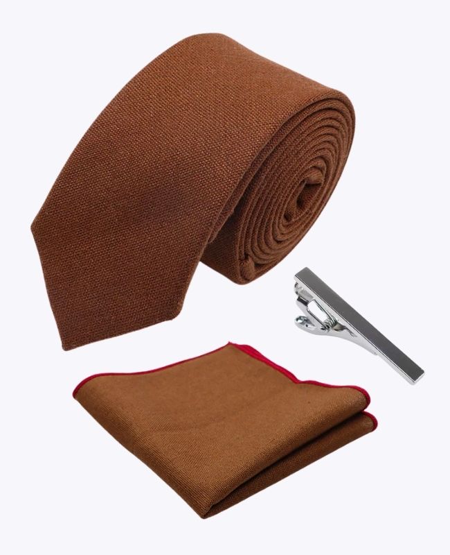 Cravatta + Fazzoletto da taschino + Fermacravatta Marrone n°1 Uomo in Lino «Basile»