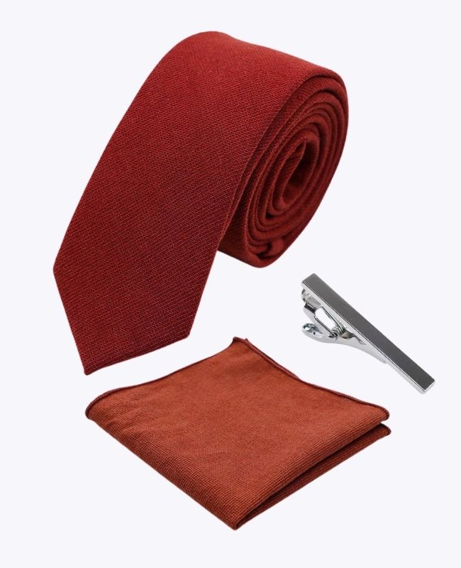 Cravatta + Fazzoletto da taschino + Fermacravatta Terracotta Uomo in Cotone «Edgard»