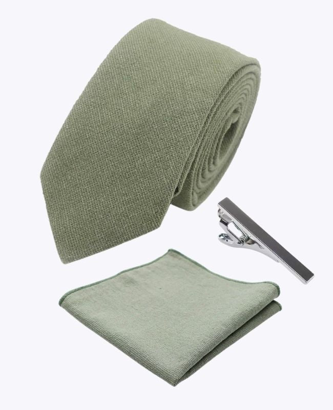 Cravatta + Fazzoletto da taschino + Fermacravatta Verde n°2 Uomo in Cotone «Edgard»