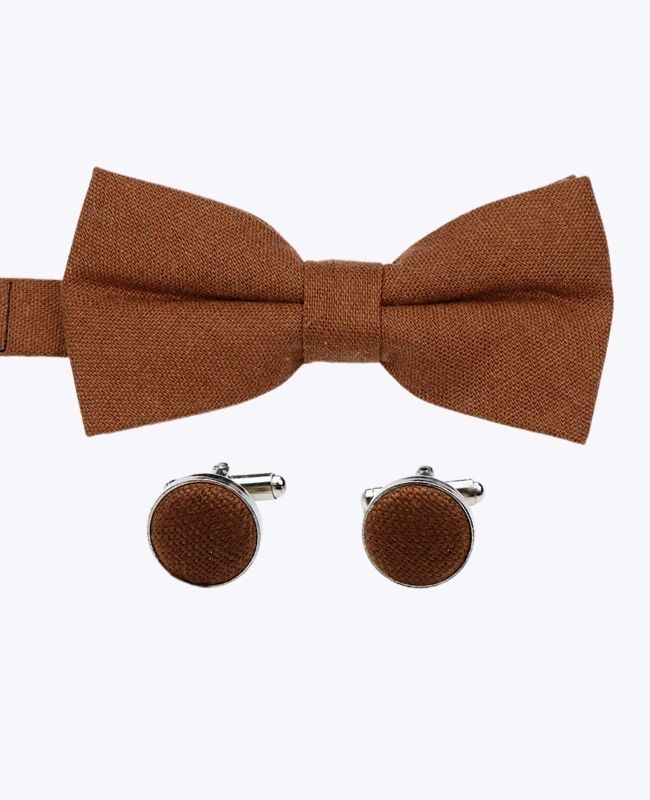 Noeud Papillon + Boutons de Manchette Marron n°1 Homme en Lin «Basile»