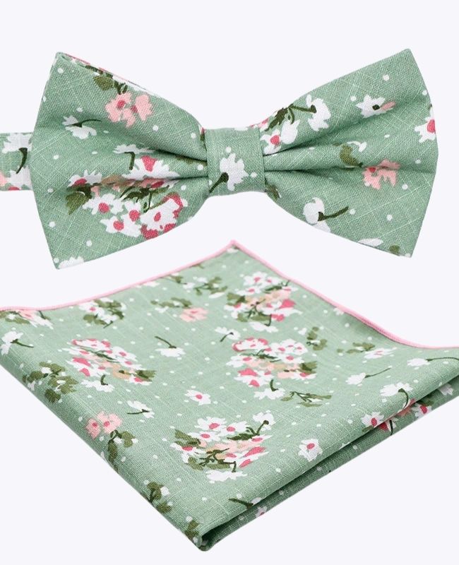 Noeud Papillon + Pochette de Costume Liberty Vert n°3 Homme en Coton «Gaspard»