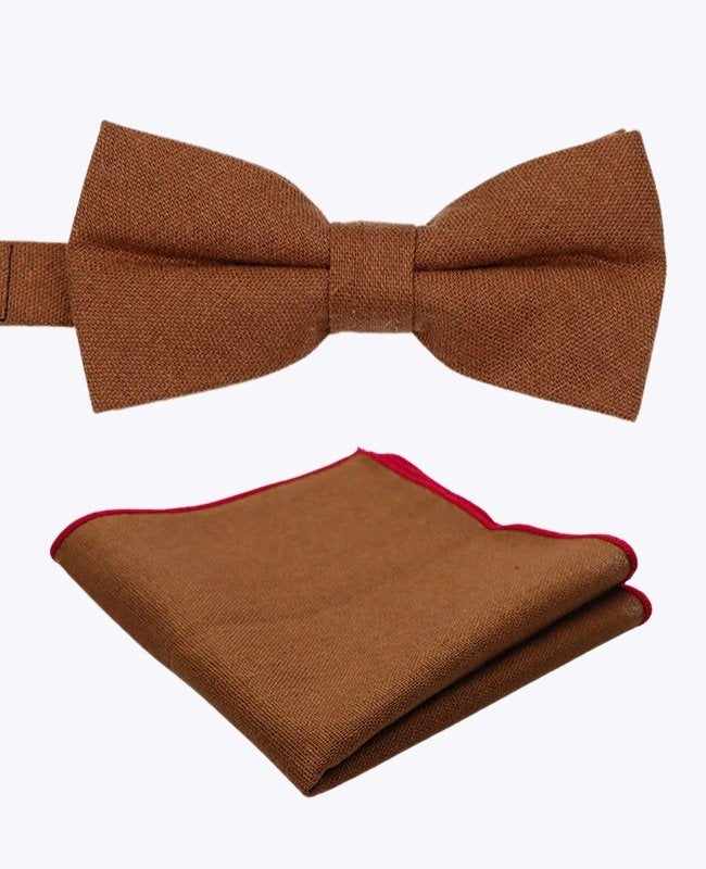 Noeud Papillon + Pochette de Costume Marron n°1 Homme en Lin «Basile»