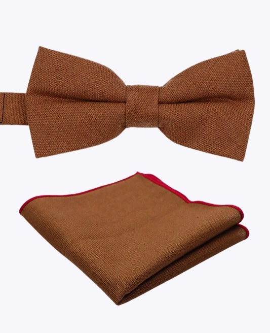 Noeud Papillon + Pochette de Costume Marron n°1 Homme en Lin «Basile»