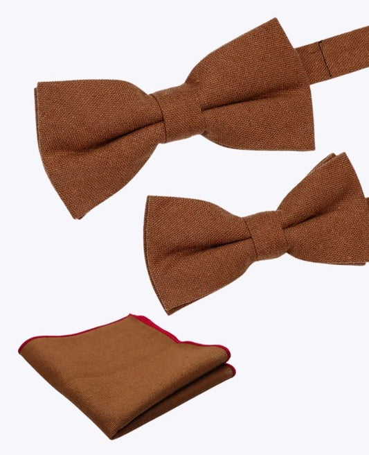 Noeuds Papillon Marron n°1 Père & Fils + Pochette de Costume en Lin «Basile»