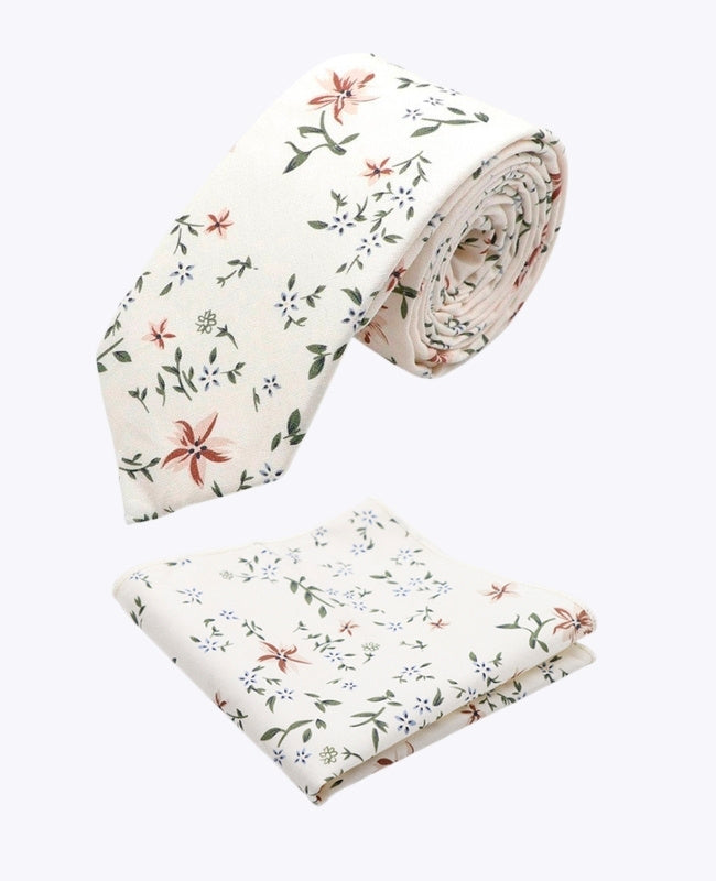 Cravatta + Fazzoletto da taschino Liberty Bianco n°8 Uomo in Cotone «Charles»