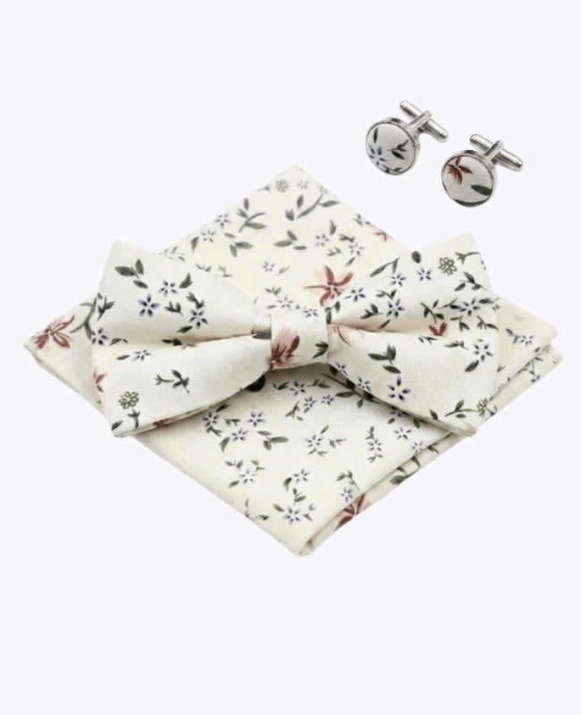 Papillon + Fazzoletto da taschino + Gemelli Bianco n°8 Uomo in Cotone «Charles»
