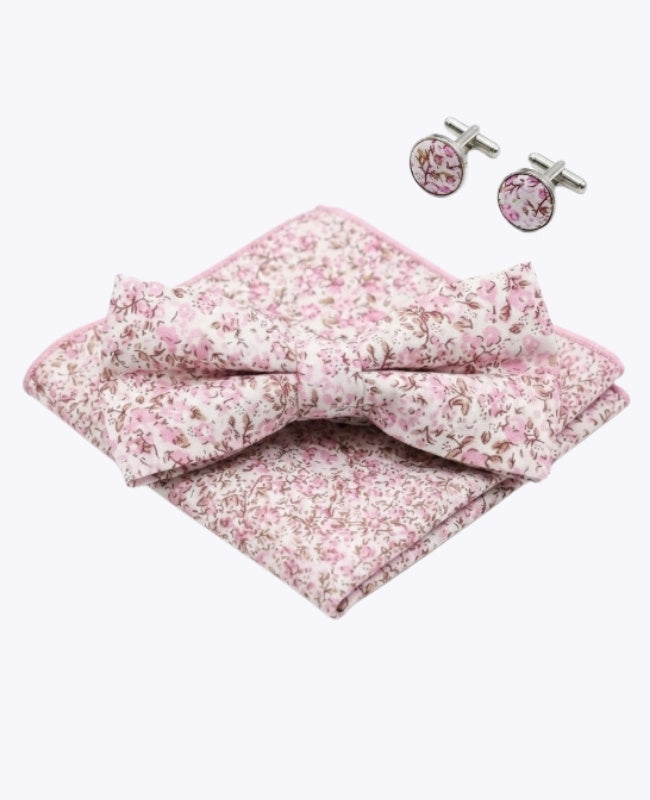Papillon + Fazzoletto da taschino + Gemelli Liberty Rosa n°4 Uomo in Cotone «Gaspard»