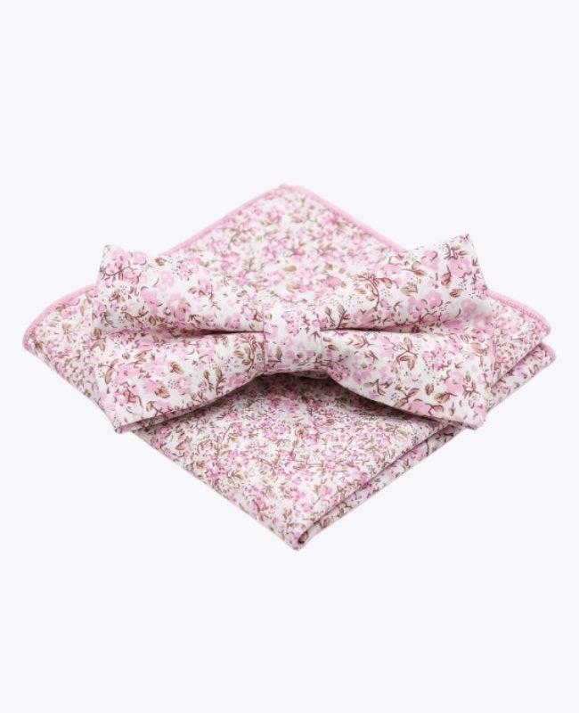 Papillon + Fazzoletto da taschino Liberty Rosa n°4 Uomo in Cotone «Gaspard»