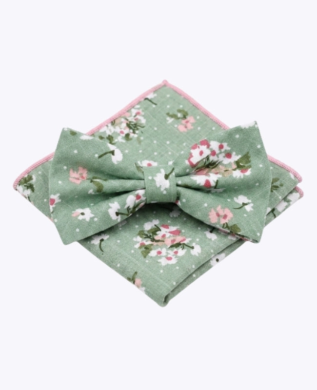 Papillon + Fazzoletto da taschino Liberty Verde n°3 Uomo in Cotone «Gaspard»