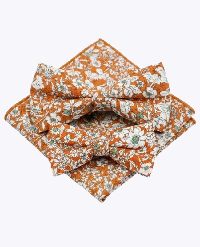 Papillon Liberty Arancione Padre & Figlio + Fazzoletto da taschino in Cotone «Clovis»